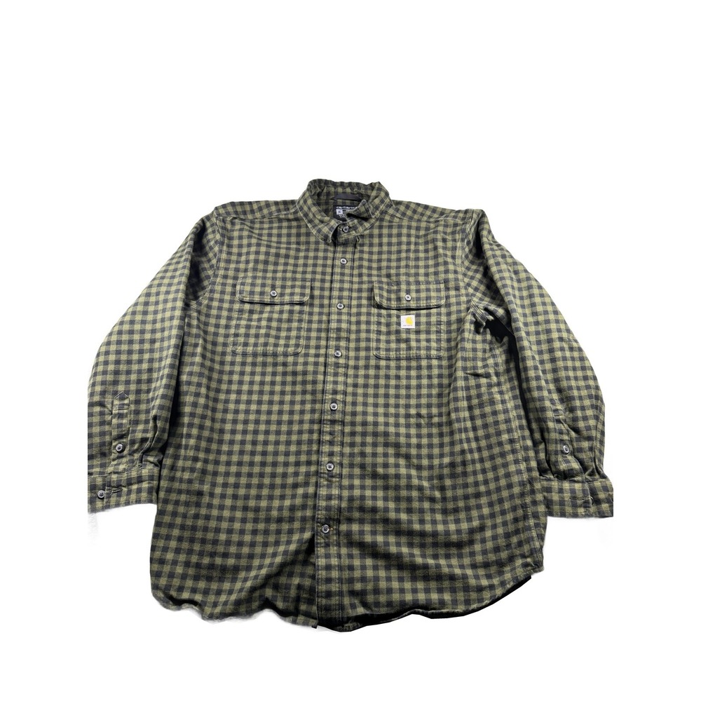Carhartt Shirt Mens XL Loose Fit Olive Green Check Long Sleeve Button Front